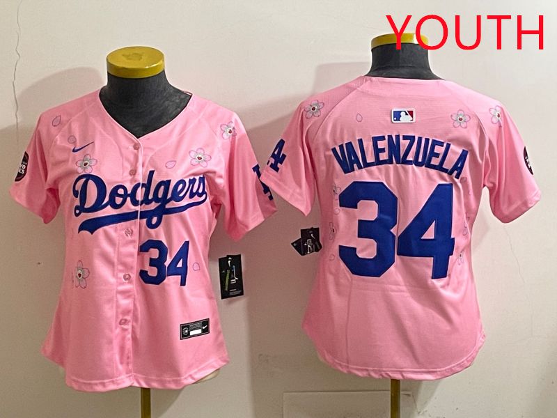 Youth Los Angeles Dodgers #34 Valenzuela Pink Sakura Edition 2025 Nike MLB Jersey style 33
